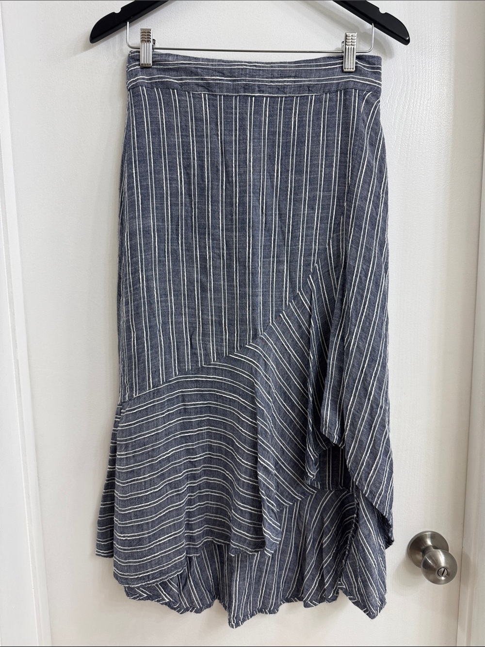 Lulus Navy and White Striped Asymmetrical Midi Skirt